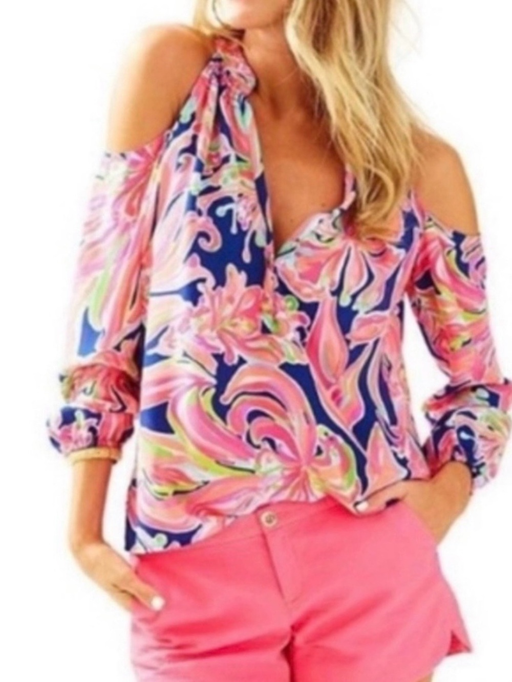 Lilly Pulitzer Silk Sunny Shoulder Elsa Top In Resort Navy Banana Flambé